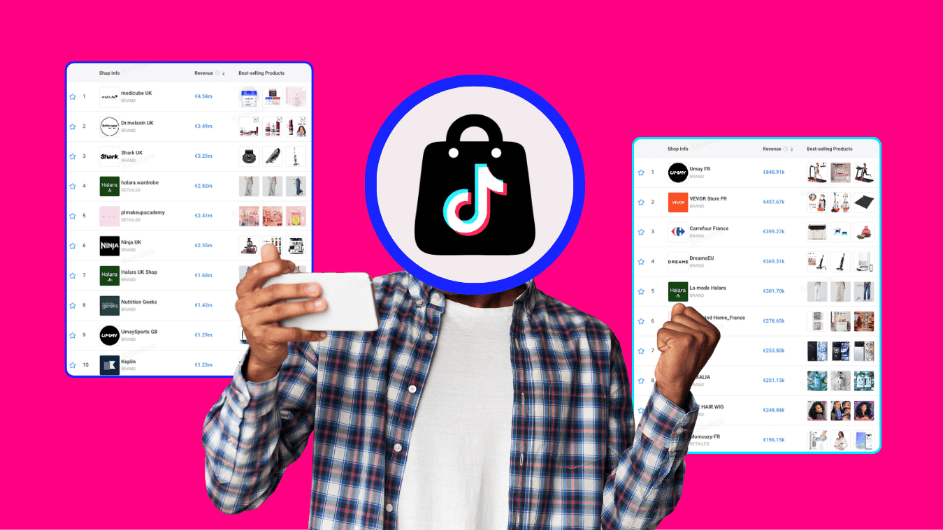 Man with the TikTok Shop logo taking a selfie between rankings of the top shops in Europe