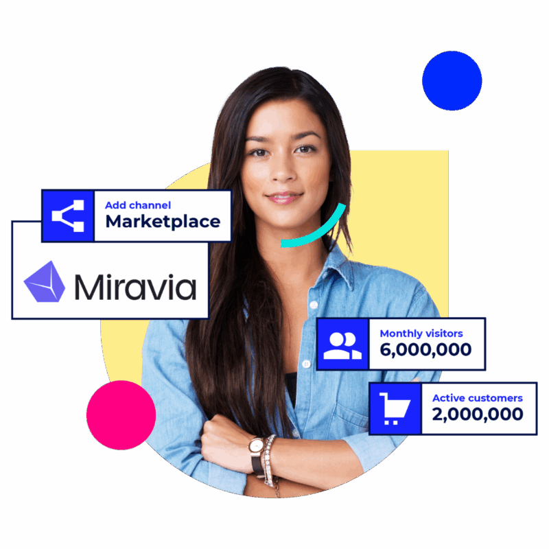 Smiling woman in front of a colorful background with Miravia logo and marketplace stats