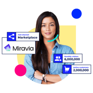 Smiling woman in front of a colorful background with Miravia logo and marketplace stats