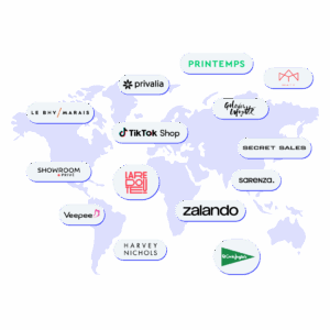 World map highlighting luxury and fashion marketplaces including Zalando, TikTok Shop, Galeries Lafayette, Printemps, El Corte Inglés, La Redoute, Sarenza, Secret Sales, Privalia, Showroom Privé, Veepee, Maty, Le BHV Marais, and Harvey Nichols.