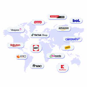 A world map showing logos of major online marketplaces, including Amazon, TikTok Shop, Fnac, Rakuten, Kaufland, OTTO, Cdiscount, MediaMarkt, Veepee, Bol, Darty, ePrice, PC Componentes, and Pixmania.