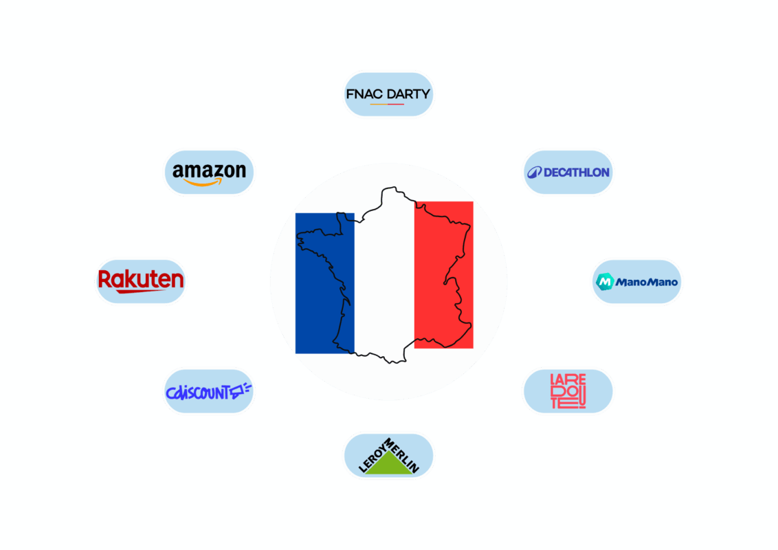 Map of France with the French flag in the background, surrounded by logos of major French marketplaces: Amazon, Rakuten, Cdiscount, Fnac Darty, Decathlon, ManoMano, La Redoute, and Leroy Merlin.