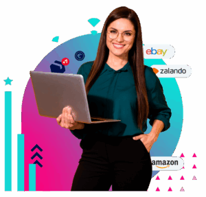 Woman holding a laptop in front of a colorful background with Amazon, eBay, and Zalando logos