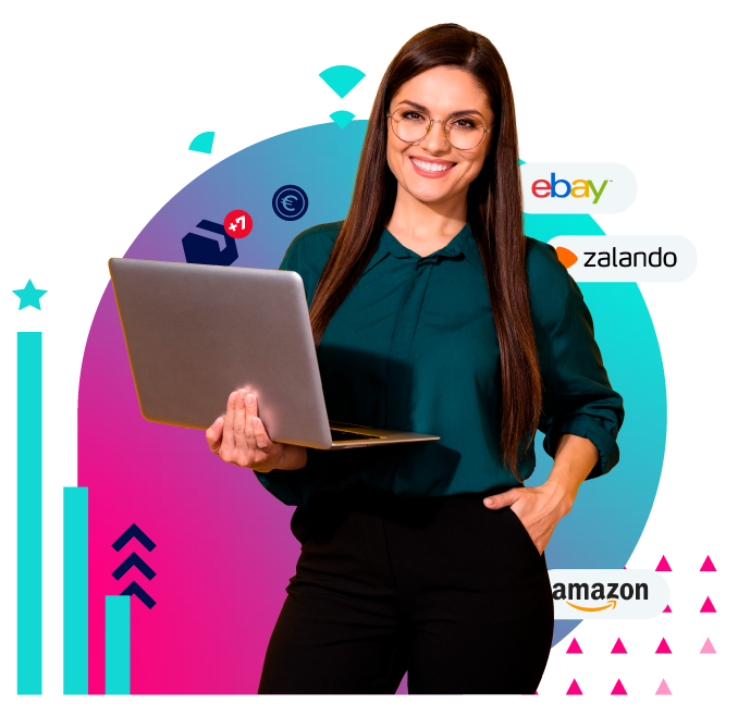 Woman holding a laptop in front of a colorful background with Amazon, eBay, and Zalando logos