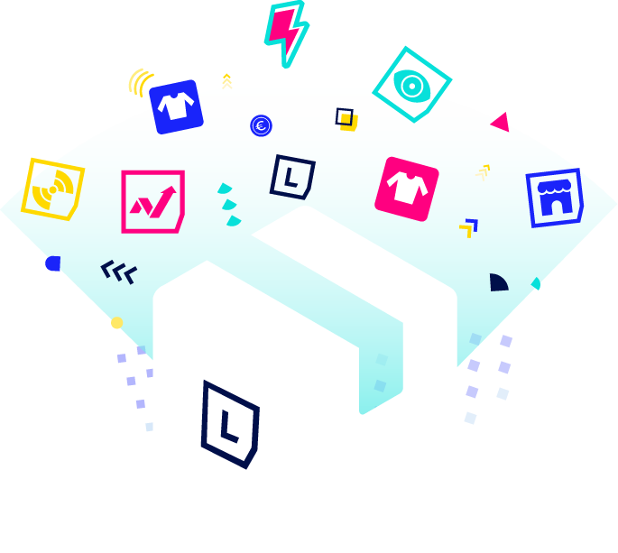 Stylized box with floating icons representing products, analytics, and e-commerce tools