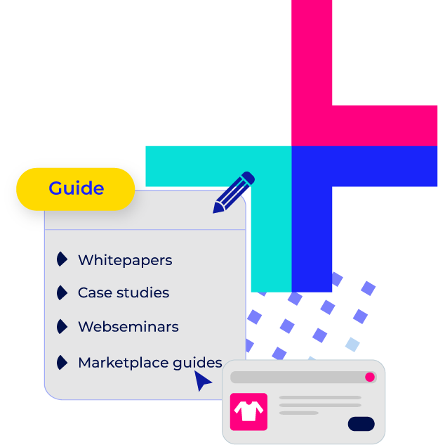 Colorful graphic listing guides such as whitepapers, case studies, webinars, and marketplace guides