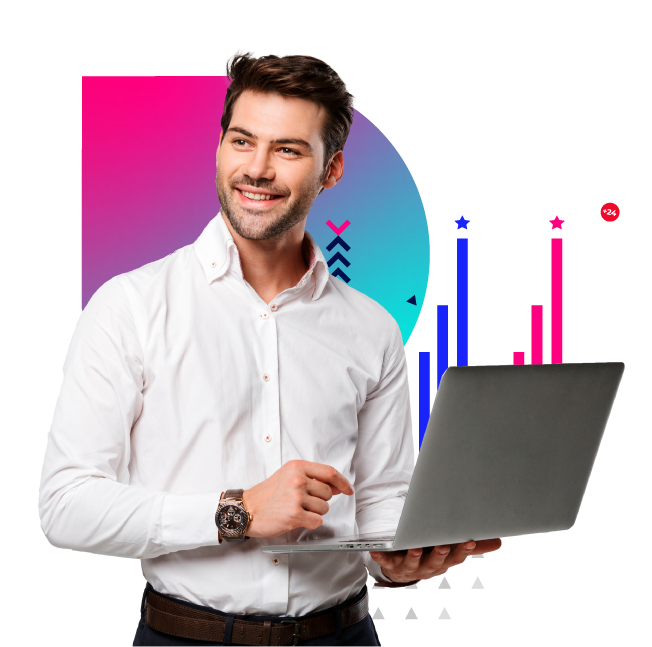 Man holding his computerwith growing charts in the background