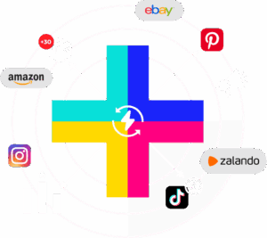 illustration of a central cross-shaped platform connecting various e-commerce and social channels (Amazon, eBay, Pinterest, Zalando, TikTok, Instagram) to optimize sales and marketing reach.