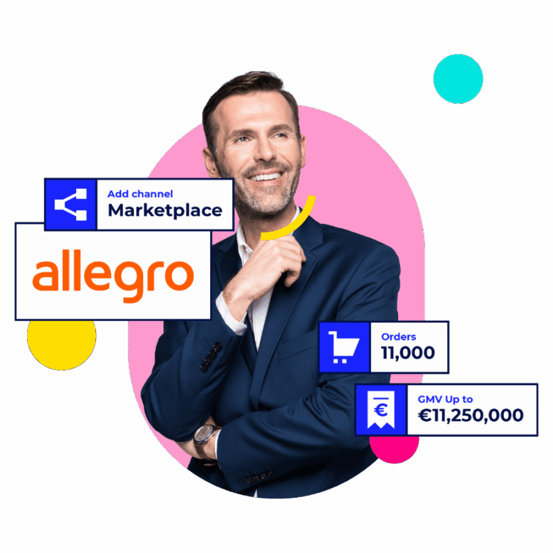 Smiling man in a suit with Allegro marketplace graphics showing orders and GMV.
