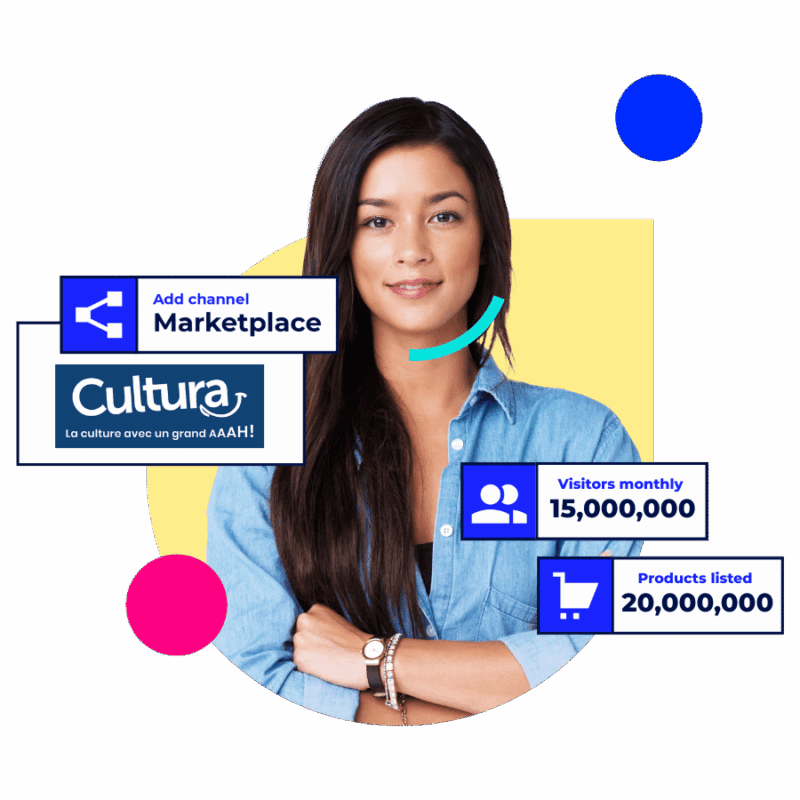 Jeune femme souriante devant un visuel « Marketplace Cultura », avec encarts indiquant visiteurs mensuels et produits listés.