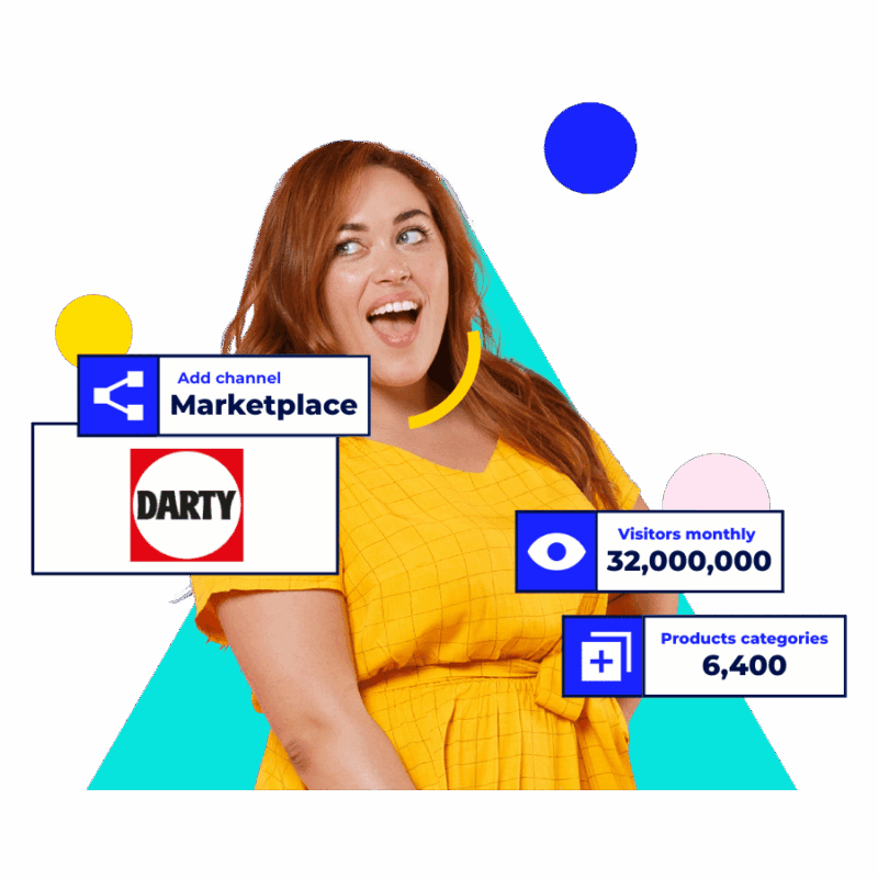 Femme rousse souriante avec encarts « Marketplace Darty », 32 000 000 visiteurs mensuels et 6 400 catégories produits.
