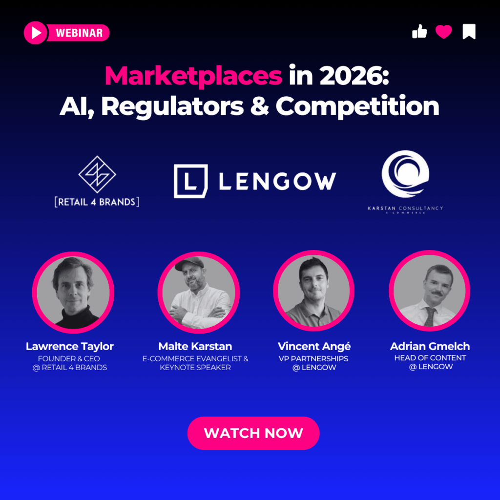 Webinar promo for “Marketplaces in 2026: AI, Regulators & Competition” featuring partner logos, four speaker headshots, and a “Watch Now” button.