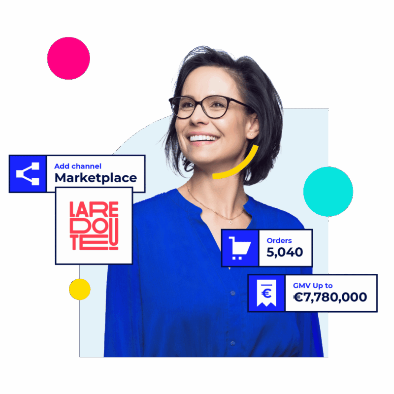 Smiling woman in a blue top with marketplace performance overlays (La Redoute, orders and GMV).