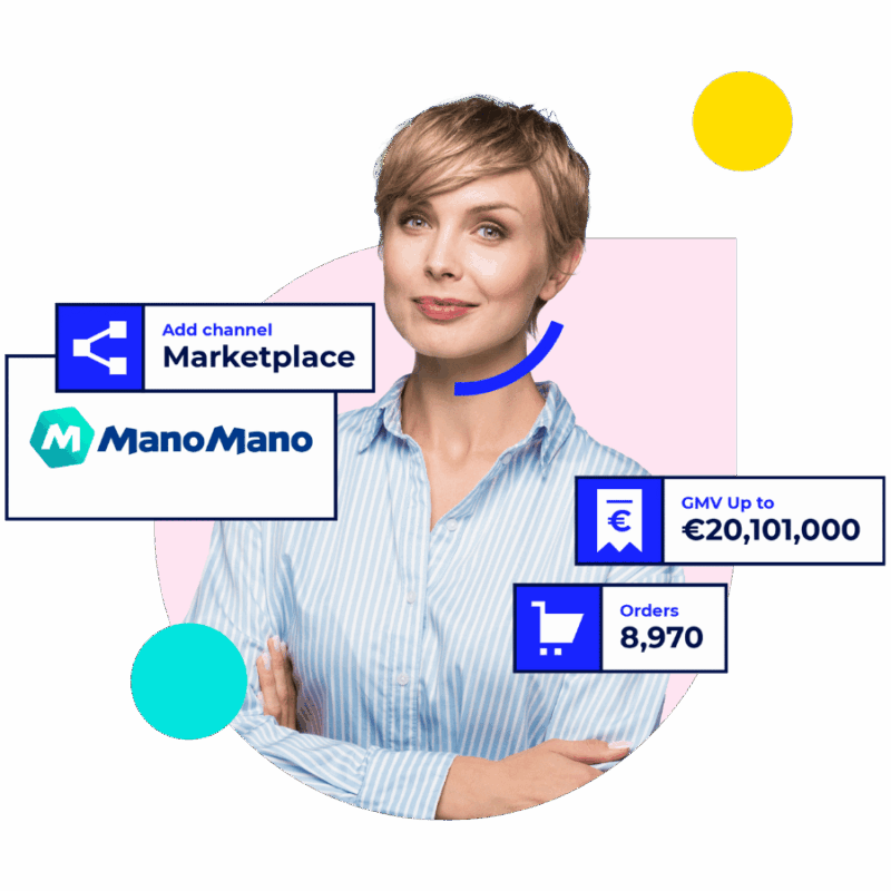 Woman in front of ManoMano marketplace cards showing GMV and orders.