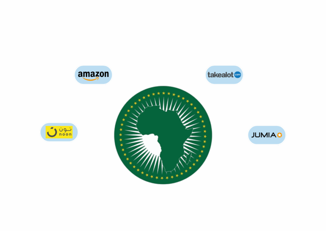 Top marketplaces in Africa: Amazon, Noon, Takealot and Jumia surrounding the African Union emblem.