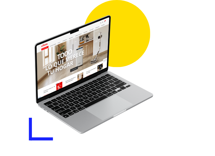 Laptop mockup showing the Ufesa website homepage.